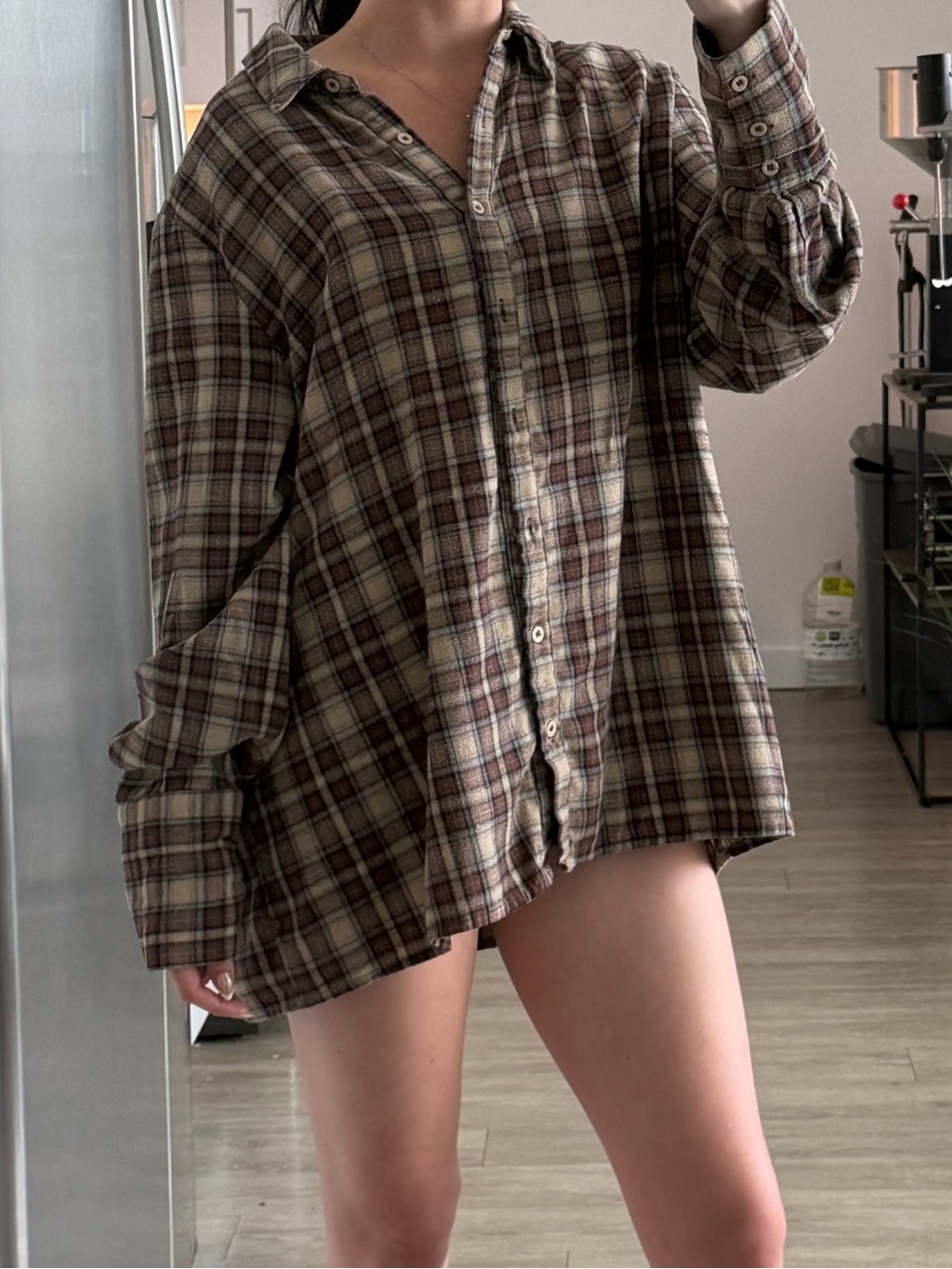 Pretty Little Thing- Oversized Brown Plaid Button-Up Shirt